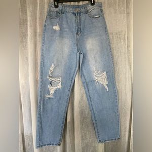 SHEIN Light Wash Ripped Detail Straight Leg Jeans